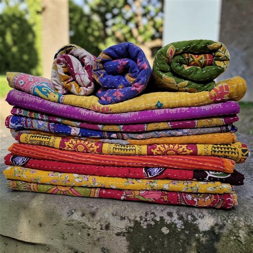 Boho Kantha Quilt Throw Blanket Twin Size | Vintage Sari Cotton Bedspread | Farmhouse Decor - Etsy