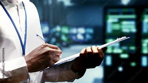 Close up of worker writing info on supercomputer cybersecurity dangers arising due to unsecured network connections. Technician making sure supercomputer farm is invulnerable to virus attacks