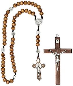 Crucifix Wall Cross, Handmade Catholic Cross with Wooden Rosary Beads, Wooden Cross Necklace, Crucifix Pectoral Pendant, 4.6" inch Jesus Christ Wall Hanging Cross for Home Decor Gifts