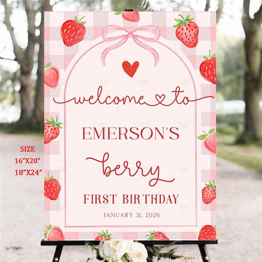 Berry Welcome Sign Strawberry Bow Red Pink Berry Sign Welcome Sign Birthday Girl Yard Sign Editable Template Printable Digital BK1 - Etsy