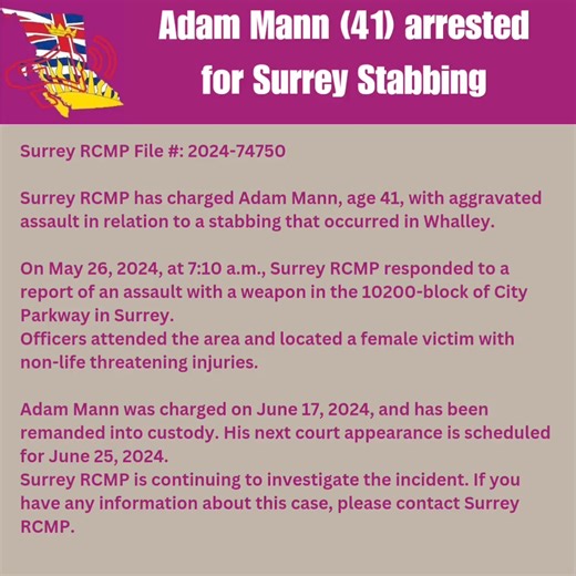 Surrey RCMP File #: 2024-74750 Surrey RCMP has charged Adam Mann, age 41, with aggravated assault in relation to a stabbing that occurred in Whalley. On May 26, 2024, at 7:10 a.m., Surrey RCMP responded to a report of an assault with a weapon in the 10200-block of City Parkway in Surrey. Officers attended the area and located a female victim with non-life threatening injuries. Adam Mann was charged on June 17, 2024, and has been remanded into custody. His next court appearance is scheduled for J