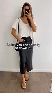 The Pippa Skirt is a sexy yet totally functional wet look skirt, WITH a split, so you can actually walk and do all the things in it. Stretchy too. Pairs beautifully with a tee and sneaker or fancy top and heels x x Shop HERE: vineapparel.com/products/pippa-skirt Kym wears an 8 and is 175cm x | Vine Apparel