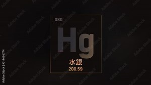 Mercury as Element 80 of the Periodic Table. Seamlessly looping 3D animation on grey illuminated atom design background orbiting electrons name, atomic weight element number in Japanese language