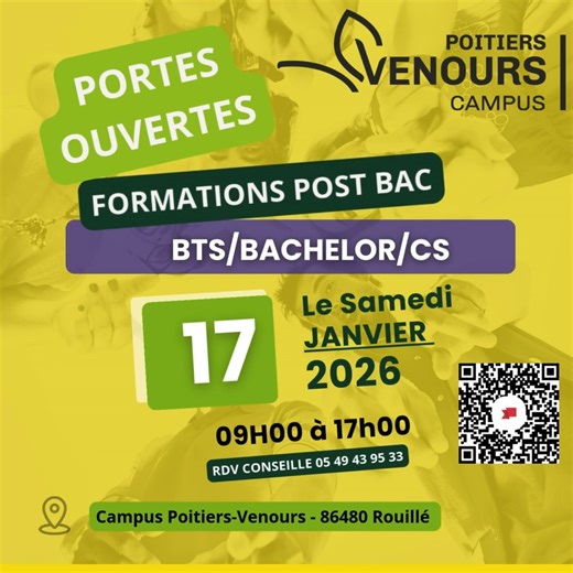 📅 JPO – 17 janvier 2026 9 h à 17h 📍 Campus de Venours 86480 Rouillé Envie de découvrir ton avenir après le bac ? 🎓 Viens à notre Journée Portes Ouvertes et explore nos formations : 👉 Post-bac • BTSA Agronomie et Cultures Durables • BTSA Analyse, Conduite et Stratégie d'une entreprise AGRIcole • BTS Négociation, Digitalisation et Relation Client 👉 Poursuite d’études • Bachelor Conseiller Clientèle • CS Pilotage des machines agricoles et travaux mécanisés à haute technicité 🔍 Nous te présent