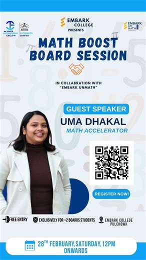 JEC Kathmandu Chapter on Instagram: "🎥 A Special Message from Our Guest Speaker! We’re thrilled to share a short video message from Ms. Uma Dhakal, Math Accelerator, who will be joining us for the Math Boost Board Session! 📚✨ Get ready for powerful strategies, smart problem-solving techniques, and expert guidance specially designed for +2 Board students. 🗓 February 28, 2026 (Saturday) 📍 Embark College, Pulchowk ⏰ From 12 PM onwards 🎟 Free Entry Don’t miss 