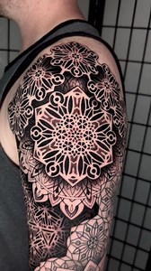 Finishing up this geometric full sleeve tattoo! Two days, first outside top of the arm, second was the inner bicep! Love how well the grey tones look healed! #tattooartist #geometrictattoo #mandalatattoo #ornamentaltattoo | Wesche Tattoo