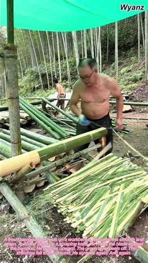 Worker Scraping the Green Layer Off Bamboo With a Knife | Bamboo Processing