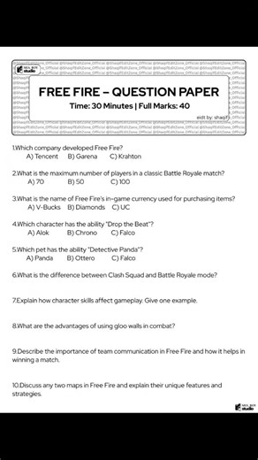 FREE FIRE Question Paper 🔥 | Test Your FF Knowledge 💯 | 30 Minutes Challenge 🕒#trending #viralphoto
