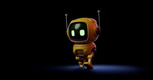 This adorable yellow AI robot takes a confident stride forward, its glowing green eyes shining with curiosity and intelligence. tapproachable nature. The animation is rendered with 3D graphics,