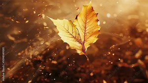 A leaf is blowing in the wind, surrounded by a cloud of dust. Concept of movement and change, as the leaf is carried away by the wind, leaving behind a trail of debris