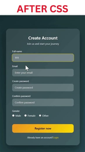 Before CSS 😐 vs After CSS 😍 | Registration Form #registrationform #beforeandafter #shorts #coding