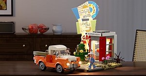 City Sunset-Stopover Beleuchtetes Baustein-Set – 455 Teile Modulares Straßenszenen-Modell mit LED-Licht und Retro-Auto für Erwachsene, Jugendliche und Reisebegeisterte