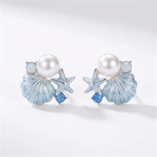 Ocean Pearl Shell Starfish Earrings, Blue Opal Beach Wedding Jewelry - Etsy