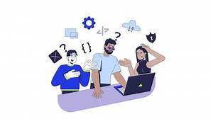 Learning to code in group 2D animation. IT school course. Collaborative development. Diverse programming team discussion animated characters cartoon flat concept metaphor 4K isolated on white