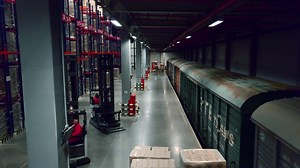 Unloading of freight trains. Creative. Parked wagons with goods in the warehouse for unloading and folding boxes.