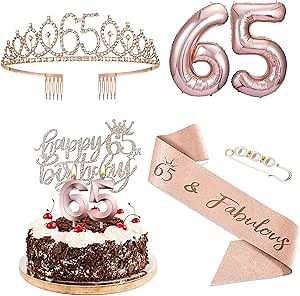 65 birthday decorations for women,65th birthday gifts for women,Rose gold ,Include 65th Birthday Crown,Birthday Queen Sash with Pearl Pin,cake topper,Number Candles and Balloons Set