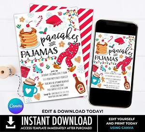 Pancakes and Pajamas Invitation, Christmas Breakfast Party, Breakfast With Santa,holiday PJ Party | Edit on CANVA-INSTANT Download Printable - Etsy