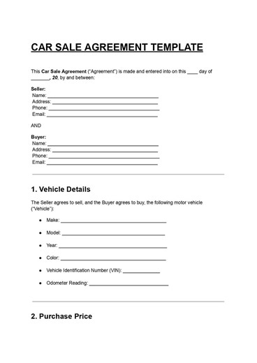 Car Sale Agreement Template | Editable PDF & DOC | Vehicle Purchase, Used Car Bill of Sale Contract - Etsy