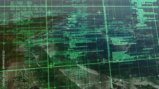 Green holographic grid being scanned after sensor ping, code columns updating to align coasts