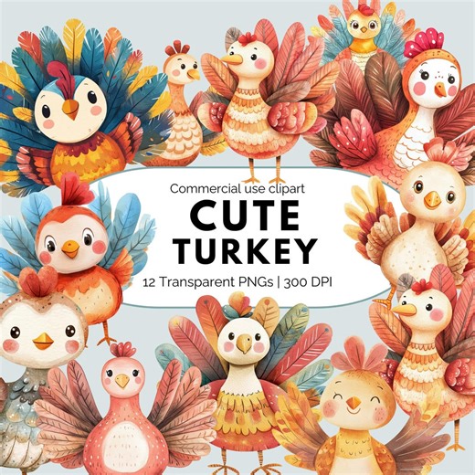 Cute Turkey Clipart Bundle, Thanksgiving Turkey PNG Set, Watercolor Autumn Turkey Illustration Digital Download - Etsy