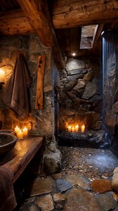 Luxury Stone Spa Bathroom with Rainfall Shower 🚿✨ Rustic Wellness Goals Turn your bathroom into a private spa retreat 🤎 This stunning stone shower features a dramatic ceiling-mounted rainfall head, warm wood accents, candlelit shelves, and natural textures that feel straight out of a luxury mountain lodge. Perfect inspiration for rustic bathrooms, spa-style showers, earthy home design, and cozy wellness spaces. Save this for your dream bathroom remodel 🌿🕯️ #SpaBathroom #RusticLuxury #Bathroo