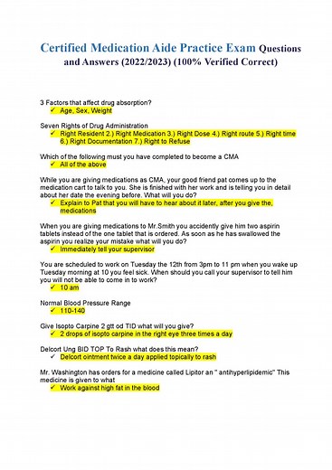 Certified Medication Aide Practice Exam - Questions and Answers