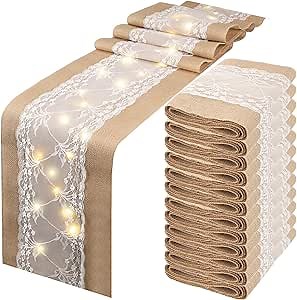 Xinnun 6 Pcs Burlap Table Runner with Lights 12 x 108 Inches Burlap Lace Table Runner Rustic Wedding Decorations Home Party (Vine)