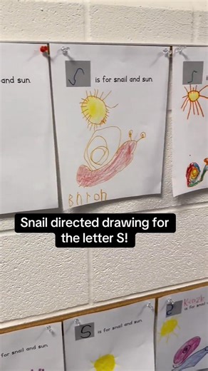 23K views · 142 reactions | Check out these adorable snail drawings! They’re directed drawings for the letter S—students wrote “S” in the box and a sentence that says, “S is for sun and snail.” They followed step-by-step directions to create these cute snails, an idea from my coworker. | Preschool Vibes | Facebook