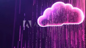 A vibrant purple cloud emits streams of binary data, symbolizing digital communication and technology in a contemporary style
