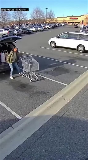 A runaway shopping cart with a baby inside rolls toward traffic until a quick-thinking stranger sprints in and stops it just in time! Heart-stopping parking lot rescue captured on CCTV. #HeroicMoment #ParkingLotRescue #CloseCall #CaughtOnCamera #EverydayHero