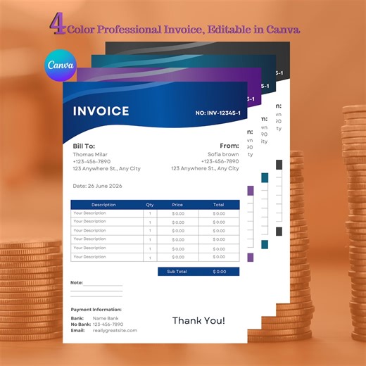 Professional Invoice Template | Editable Business Invoice PDF | 4 Color Canva Invoice Links | Digital Download - Etsy UK