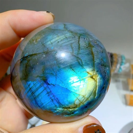 Labradorite sphere is full of strong blue gold and sky-blue colors flash | Rock's Rock Store