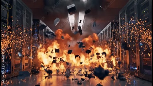 Catastrophic fiery explosion engulfs a secure data center, causing critical system failure, widespread data loss, and complete IT infrastructure devastation