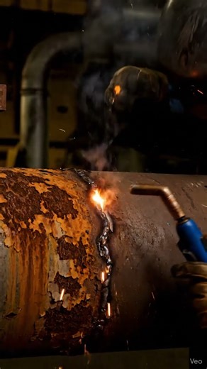 Steam leaking metal rusty pipe