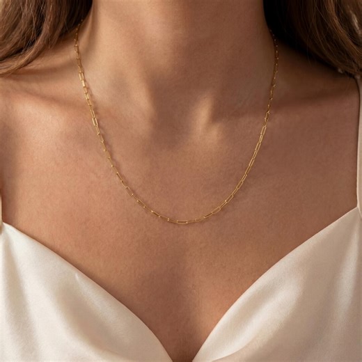 Paperclip Necklace, Dainty Link Chain Necklace, 14K Gold Plated Paperclip Chain Necklace, Layering Chain, Everyday Chain Necklace - Etsy