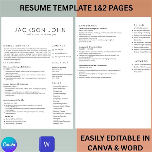 Chief Account Manager Resume Template, Senior Account Manager CV, Executive ATS Friendly Resume, Editable Canva & Word Download - Etsy