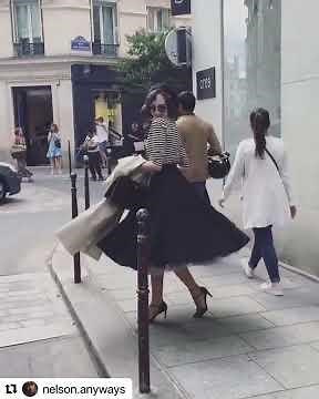 Vintage Paris 1950s Fashion with 1950s Circle Skirt and Stripe Slash Neck Top by Vivien of Holloway