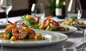 Fine dining menu with seafood dishes, grilled shrimp with orange sauce and vegetables