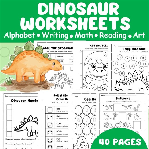 Dinosaur Activity Worksheets - Pre-k, Preschool Literacy, Math, Science and Art (printable 40 Page PDF) - Etsy