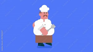 Happy restaurant cook chef with hat and cook uniform, walking and dancing, Flat avatar video 4k