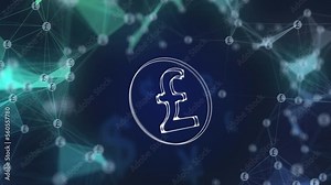 Rotating transparent pound sterling icon. Abstract blue animated 3D background with symbols of currency signs and plexus lines. British money coin.