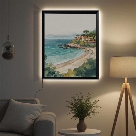 Mediterranean Coastal Village Landscape LED Backlit Frame Wall Art Decor