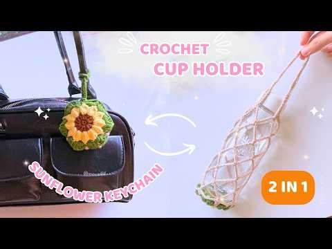[2 IN 1] Crochet a sunflower keychain transformable cup holder 🌻 NO SEW 🌻 Easy and Cute #movadiy