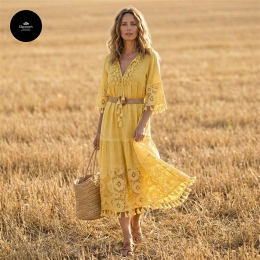 Boho Linen Midi Dress for Women | Bohemian Lace Tassel Beach Dress | Flowy Cottagecore Summer Dress | Romantic Holiday Outfit - Etsy