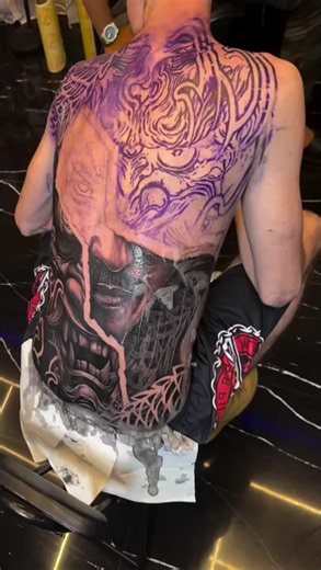 Black and grey realistic full back Oni mask portrait tattoo tattoo artist Jail_bali #besttattoos #worldsbesttattoos #tattooideas #blackandgreytattoo #backtattoo