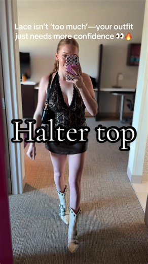 The Cider lace halter top is delicate, flattering, and bold in the best way. Feminine lace, a statement neckline, and the kind of piece that turns a simple look into a moment. If subtle isn’t your thing, this top gets it. ✨🖤 @Cider I’m wearing a size small being 130 lbs, 5’4, 32c. Size down #springtops #eleganttops #racerbacktop #rhinestonecroptop #valentinesdaygoingouttops