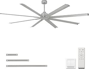 YYEHON 84 inch Large Ceiling Fans No Lights，Industrial Ceiling Fan with 8 Aluminum Blades,3 Downrod，6-Speed Remote Control, Home or Commercial Ceiling Fan for Porch，Garage，Shop