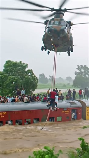 Helicopter Rescues Passengers Stranded on Flooded Train #viral #shorts