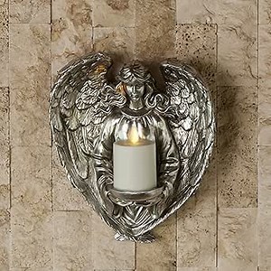 Luminara Ivory Flameless Candle Slim Pillar with Angel Wall Sconce Recessed Top Unscented Real Wax & Remote (Antique Silver)
