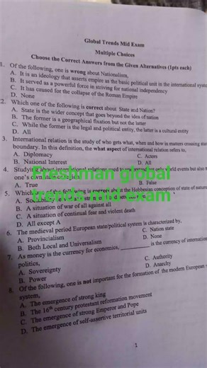 freshman global trends mid exam Ethiopia freshman global affairs mid exam